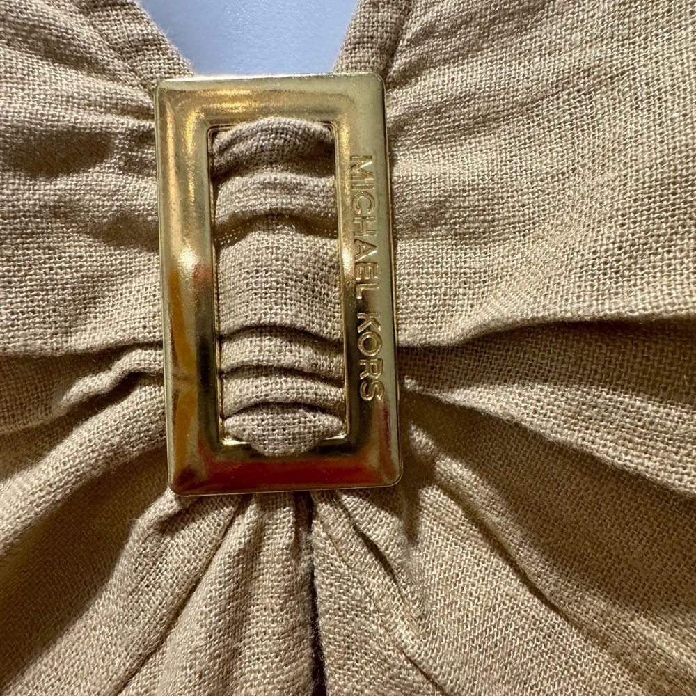 Michael Kors Tan Linen Blend Puff Sleeve Blouse XL Gold Hardware Spring 2024 - Picture 6 of 13